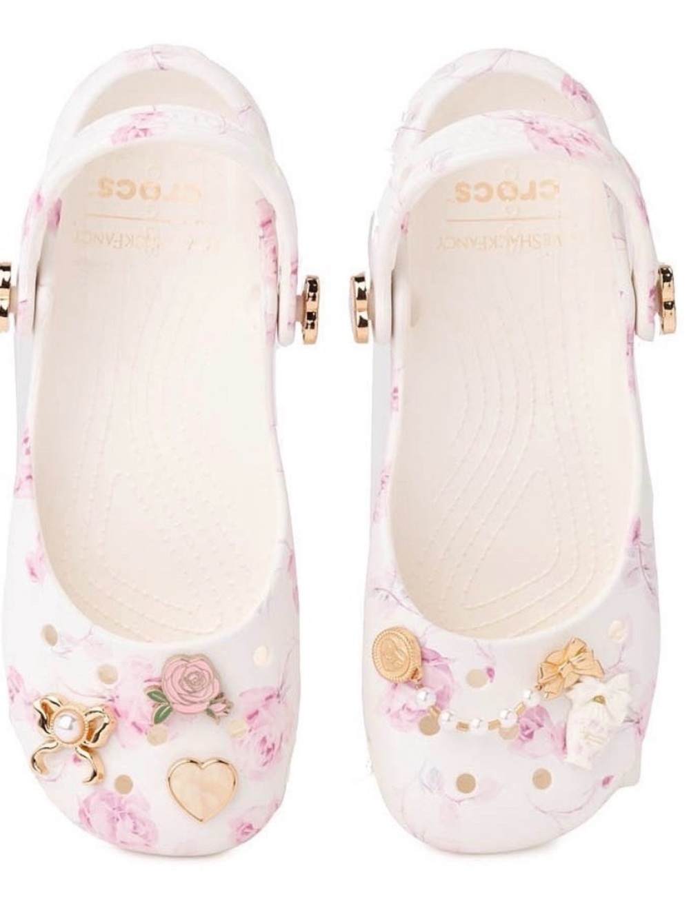 CROCS Girls Floral Charm Clogs - Pink & White